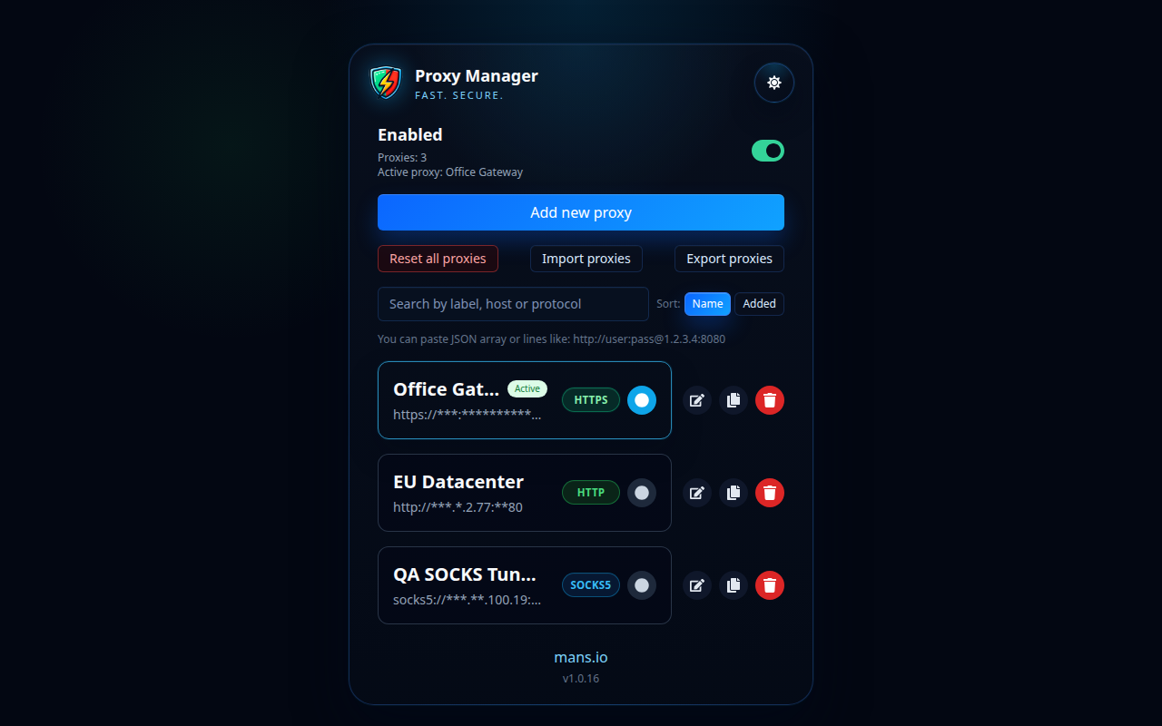 Proxy Manager պրոֆիլների ցանկը