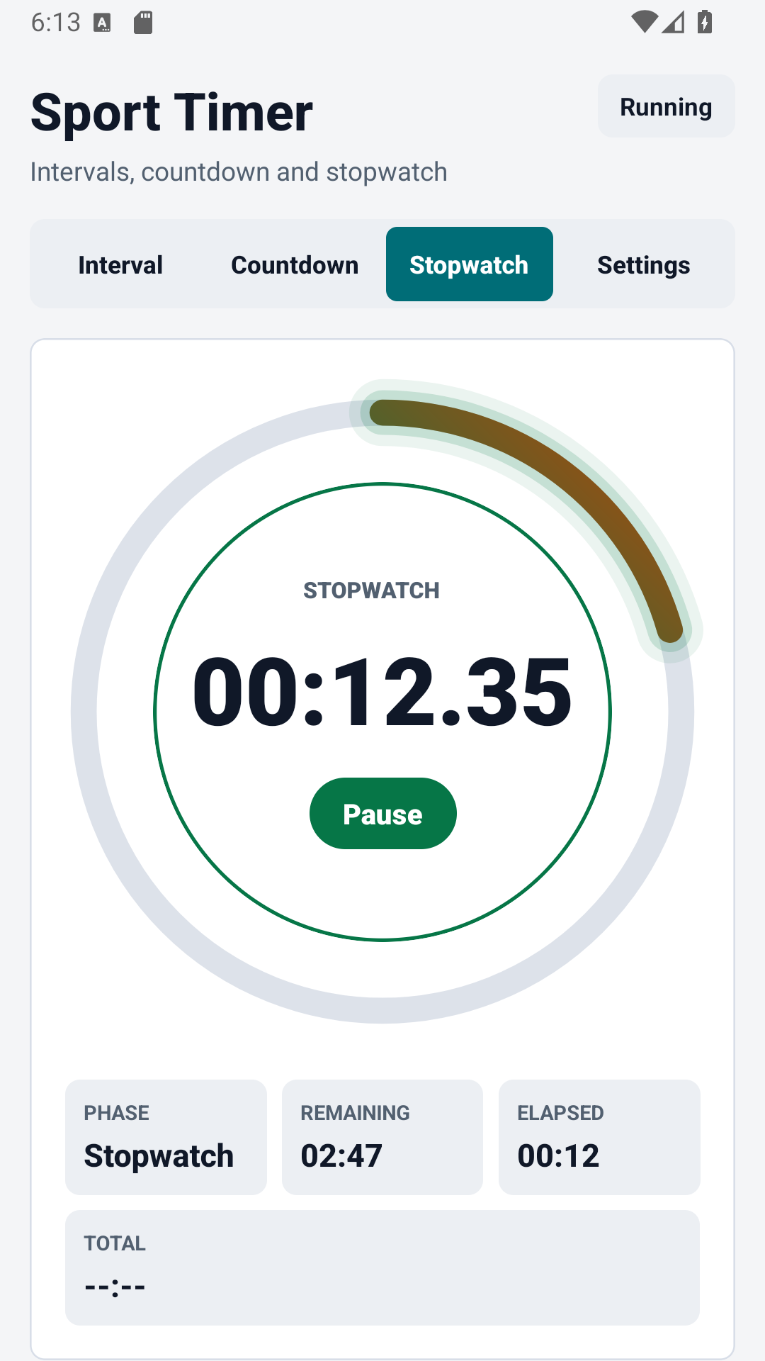 Sport Timer վայրկյանաչափի էկրանը շրջաններով